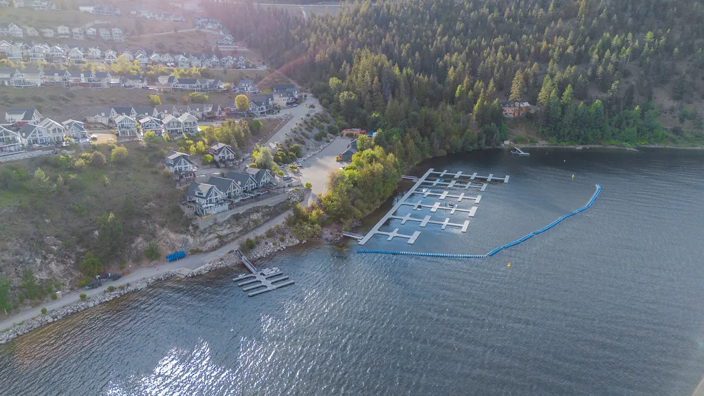 Aerial view of lake and marina