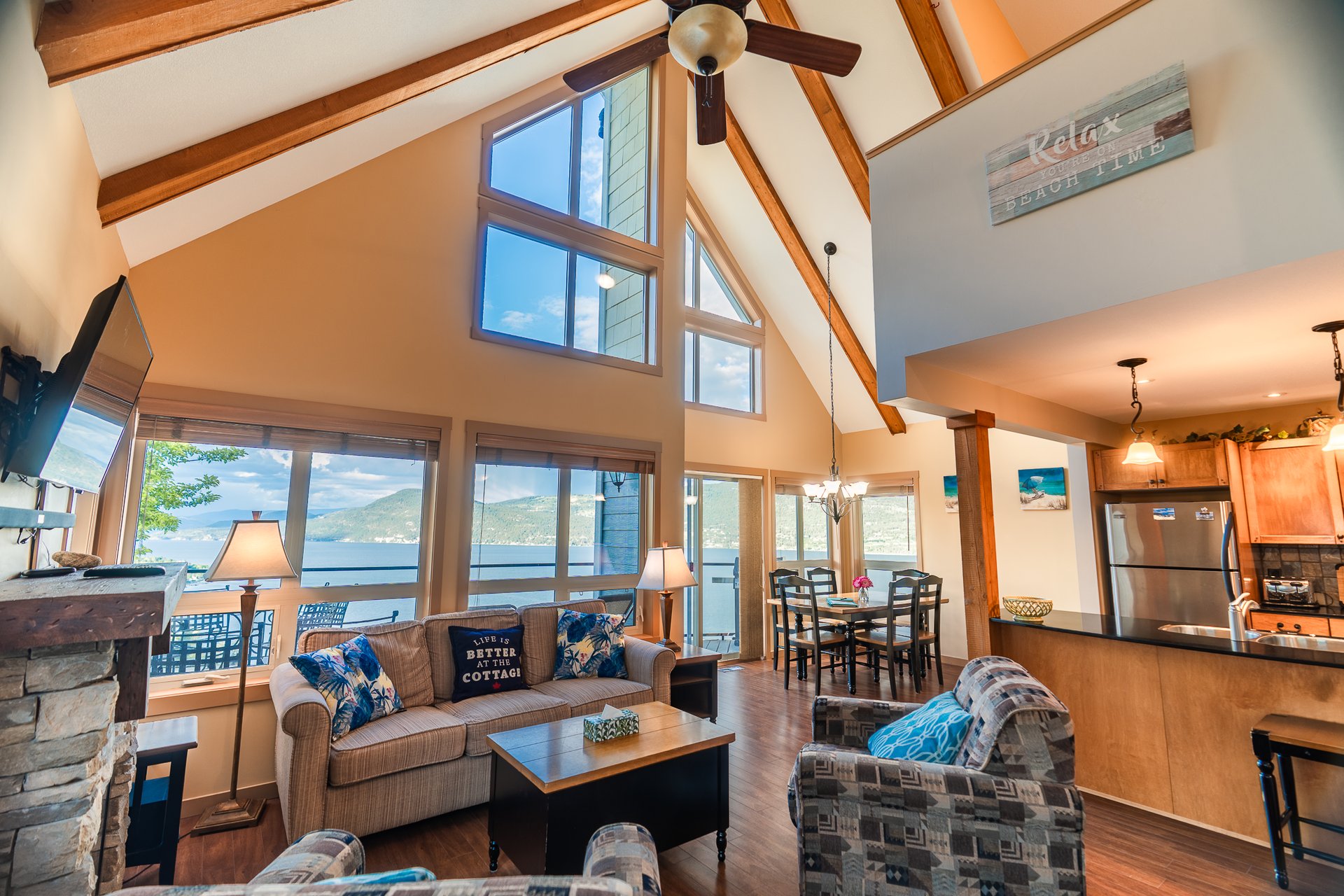 Cottage living room with lake view